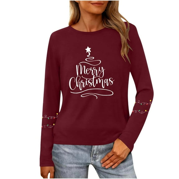 Christmas Tree Shirt Women Christmas Embroidered Trees Long Sleeve Shirts Gift Xmas Graphic Tee Tops