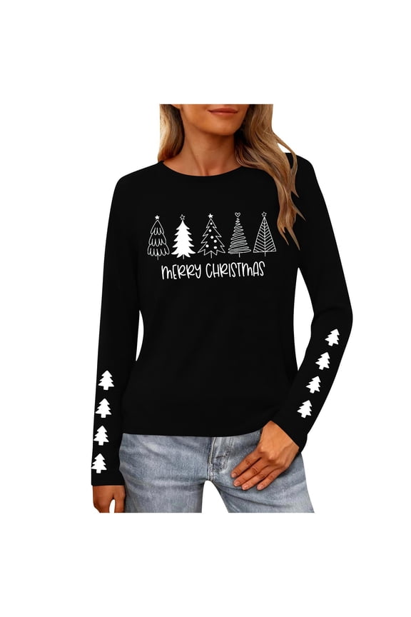 Christmas Tree Shirt Women Christmas Embroidered Trees Long Sleeve Shirts Gift Xmas Graphic Tee Tops