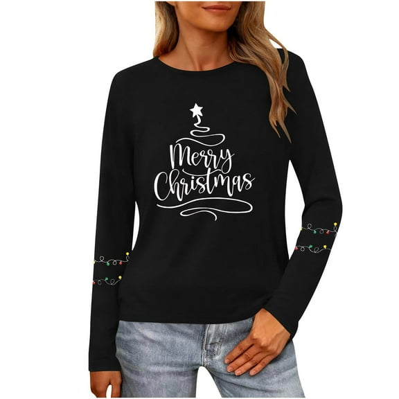 Christmas Tree Shirt Women Christmas Embroidered Trees Long Sleeve Shirts Gift Xmas Graphic Tee Tops