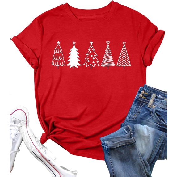 Christmas Tree Shirt for Women Merry Christmas Printed T-Shirts Short Sleeve Holiday Tee Xmas Gift Tops