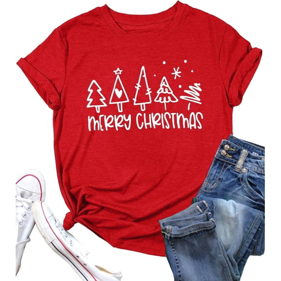 Christmas Tree Shirt for Women Merry Christmas Printed T-Shirts Short Sleeve Holiday Tee Xmas Gift Tops