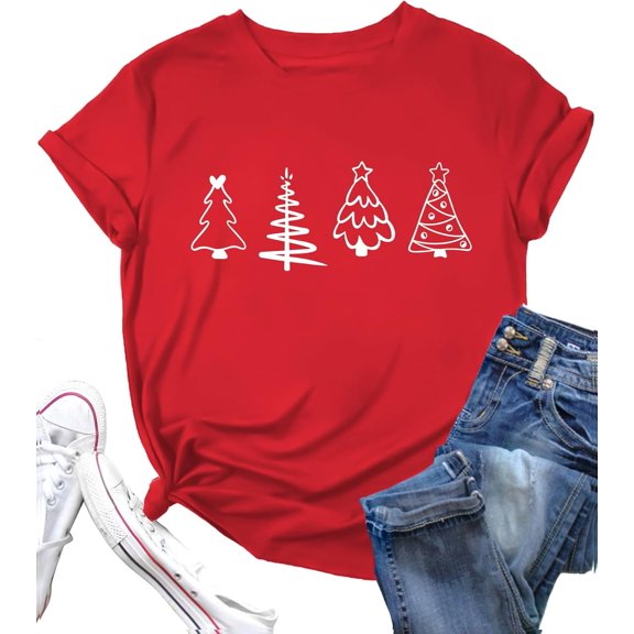 Christmas Tree Shirt for Women Merry Christmas Printed T-Shirts Short Sleeve Holiday Tee Xmas Gift Tops