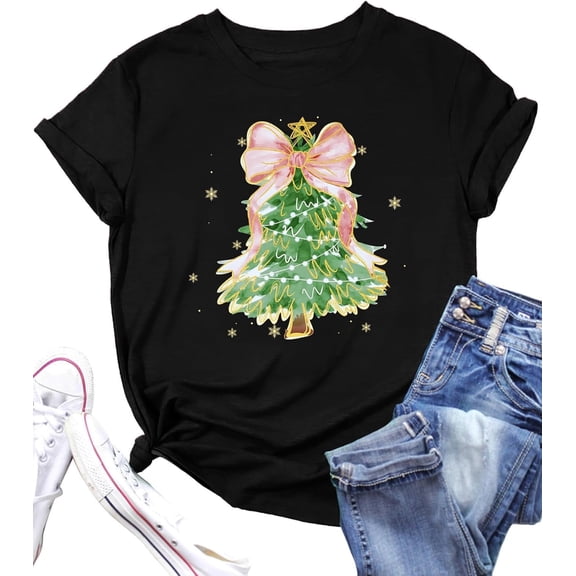 Christmas Tree Shirt for Women Merry Christmas Printed T-Shirts Short Sleeve Holiday Tee Xmas Gift Tops