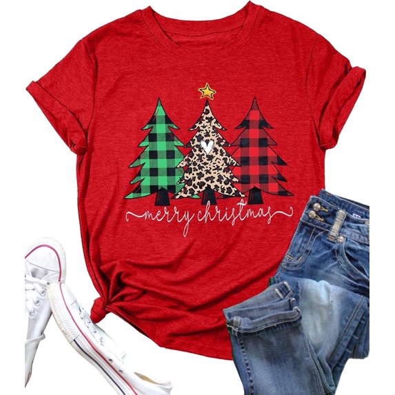 Christmas Tree Shirt for Women Merry Christmas Printed T-Shirts Short Sleeve Holiday Tee Xmas Gift Tops