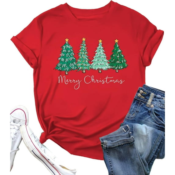 Christmas Tree Shirt for Women Merry Christmas Printed T-Shirts Short Sleeve Holiday Tee Xmas Gift Tops