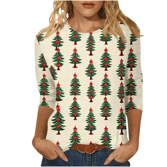 Christmas Tree Shirts for Women 3/4 Sleeve Holiday Graphic Tee Winter Casual Tops Xmas Party Outfit Pullover