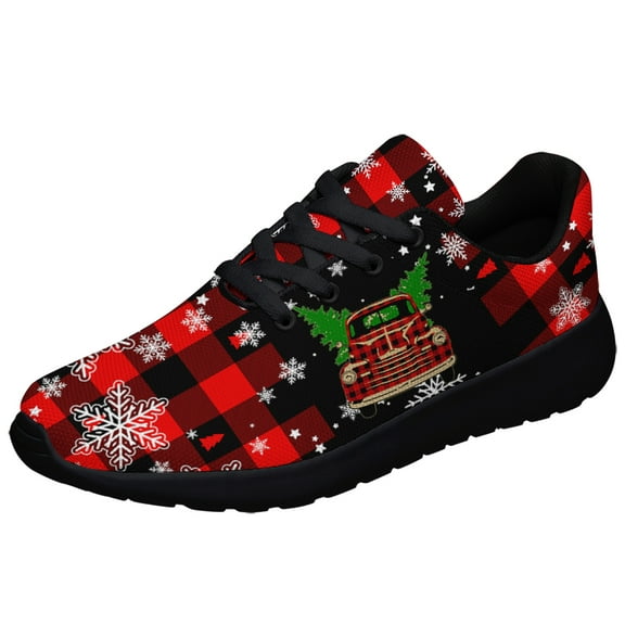 Christmas Tree Shoes for Women Men Running Shoe Comfortable Athletic Plaid Snowflake Sneakers Christmas Gift for Him Her Black Size 3.5
