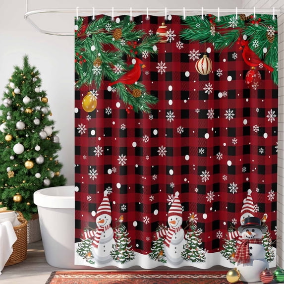 Christmas Tree Shower Curtain, 36" x 72", Snowman Winter Snowflakes Red Black Plaid Waterproof Bathroom Curtain Washable Shower Curtain Set with 12 Hooks