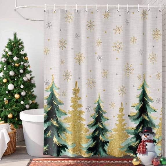 Christmas Tree Shower Curtain, 60" x 72", Green Gold Trees Snowflakes Linen Texture Waterproof Bathroom Curtain Washable Shower Curtain Set with 12 Hooks