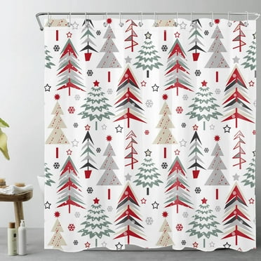 Christmas Tree Shower Curtain for Bathroom Colorful Xmas Tree Star Snowflake Pattern Bathroom Shower Curtain Green Red Gray Winter Shower Curtain Bath Accessories Home Decor with 12 Hooks 72x78 Inches