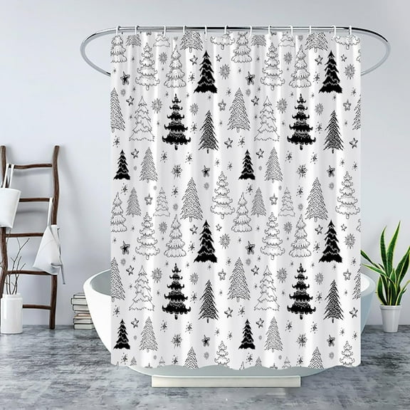 Christmas Tree Shower Curtain Black White Xmas Tree Christmas Tree Snowflake Merry Christmas Pine Pattern New Year Rustic Winter Holiday Fabric Bath Curtain Home Gift, Bathroom Refresh Holiday
