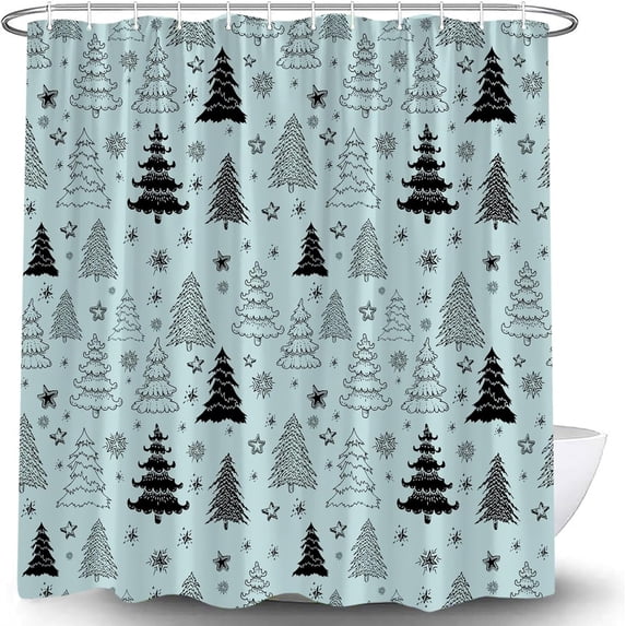 Christmas Tree Shower Curtain Blue Black Grey Xmas Tree Retro Christmas Tree Snowflake Merry Christmas Pine Pattern New Year Rustic Winter Holiday Fabric Bath Curtain Set with Hook