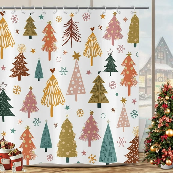 Christmas Tree Shower Curtain, Chic Boho Xmas Tree Snowflake Stars Winter New Year Holiday Bathroom Curtain Home Decor Waterproof Fabric Machine Washable with 12 PCS Hooks,72" Wx84 L