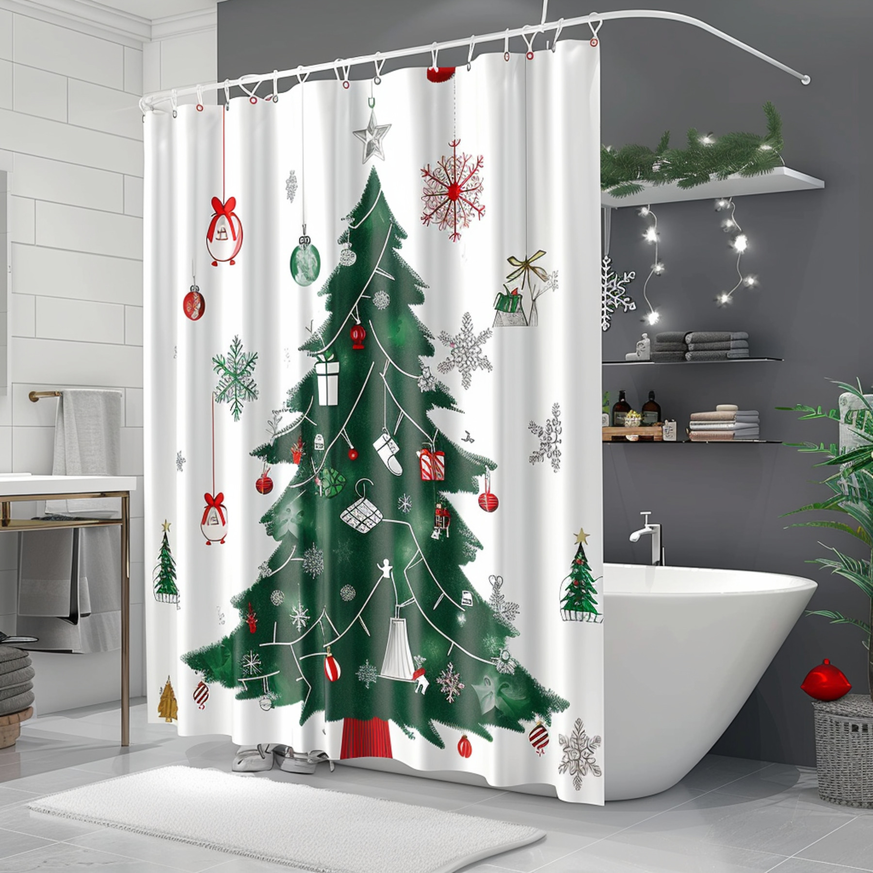 Christmas Tree Shower Curtain Festive Holiday Decor for Bathroom White