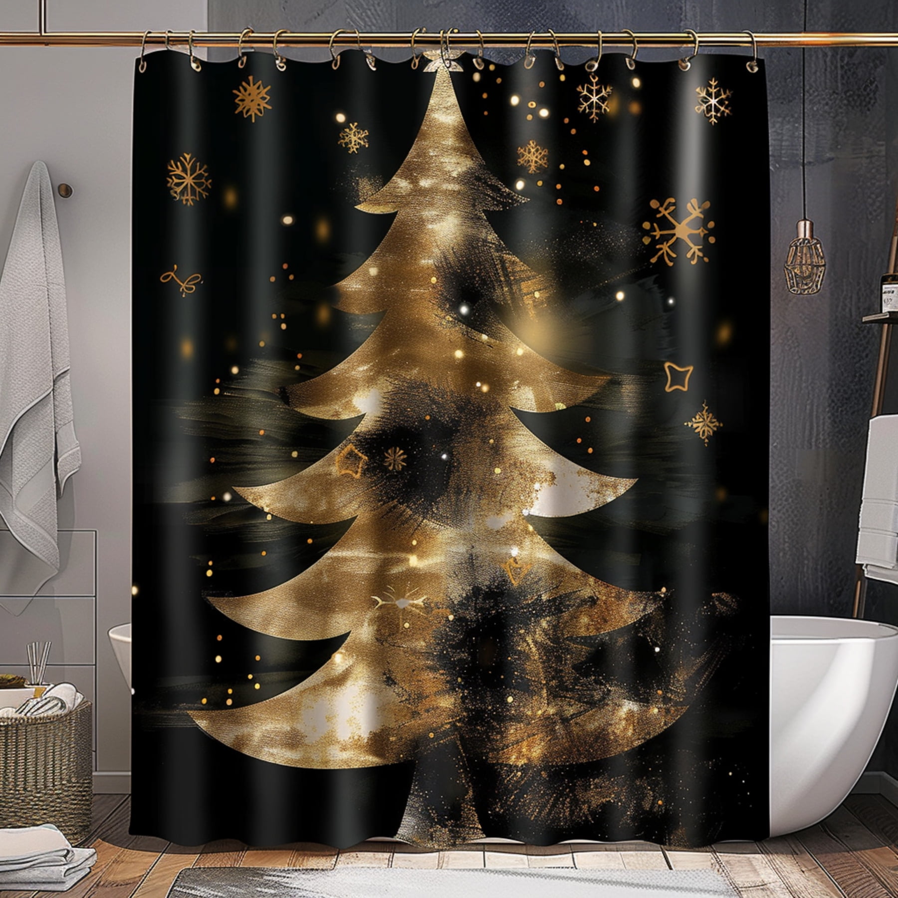 Christmas Tree Shower Curtain Golden Glitter Festive Bathroom Decor