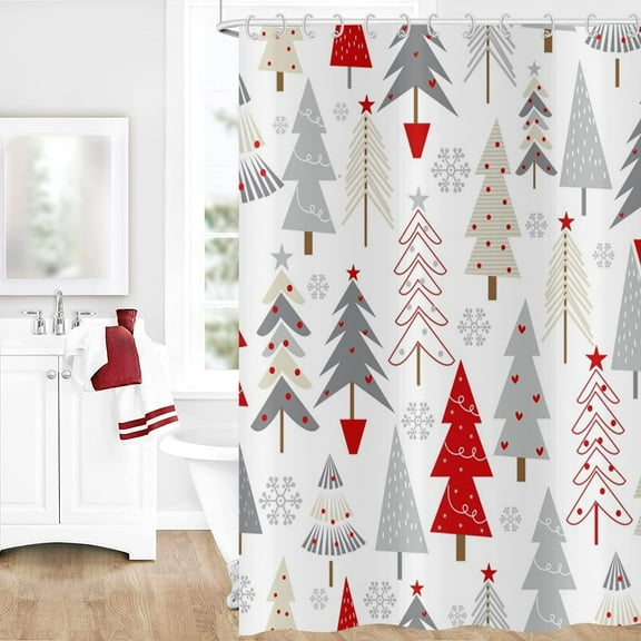 Christmas Tree Shower Curtain, Grey Beige Red Xmas Tree with Stars Sflake Cute Bathroom Curtain for Boys Girls Bathtub Decor Waterproof Washable Fabric with 12 Hooks 84''''Lx72''''W