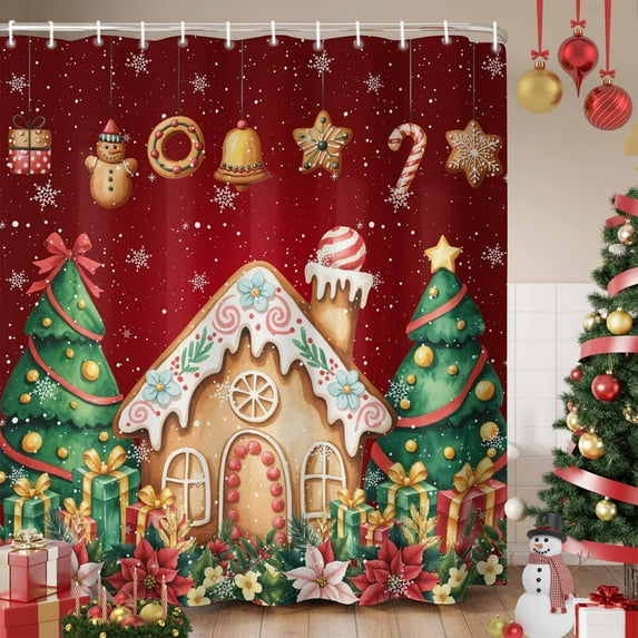 Christmas Tree Shower Curtain, House Xmas Winter Snowflake Gingerbread Waterproof Fabric Shower Curtains with 12 Hooks, Bathroom Curtain Set for Bathroom Accessories Decor, 72 x 96 Inches