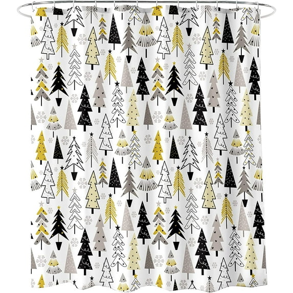 Christmas Tree Shower Curtain Mustard Yellow Black Christmas Tree New Year and Merry Christmas Polyester Fabric Bathroom Shower Curtain 72X72 Inches with 12pcs Hooks