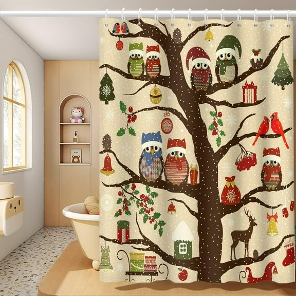 Christmas Tree Shower Curtain for New Year Bathroom Owl Santa Hat Elk Merry Christmas Theme Bath Curtain with Hooks Waterproof Fabric Polyester New Year Shower Curtain, 72x72 Inch