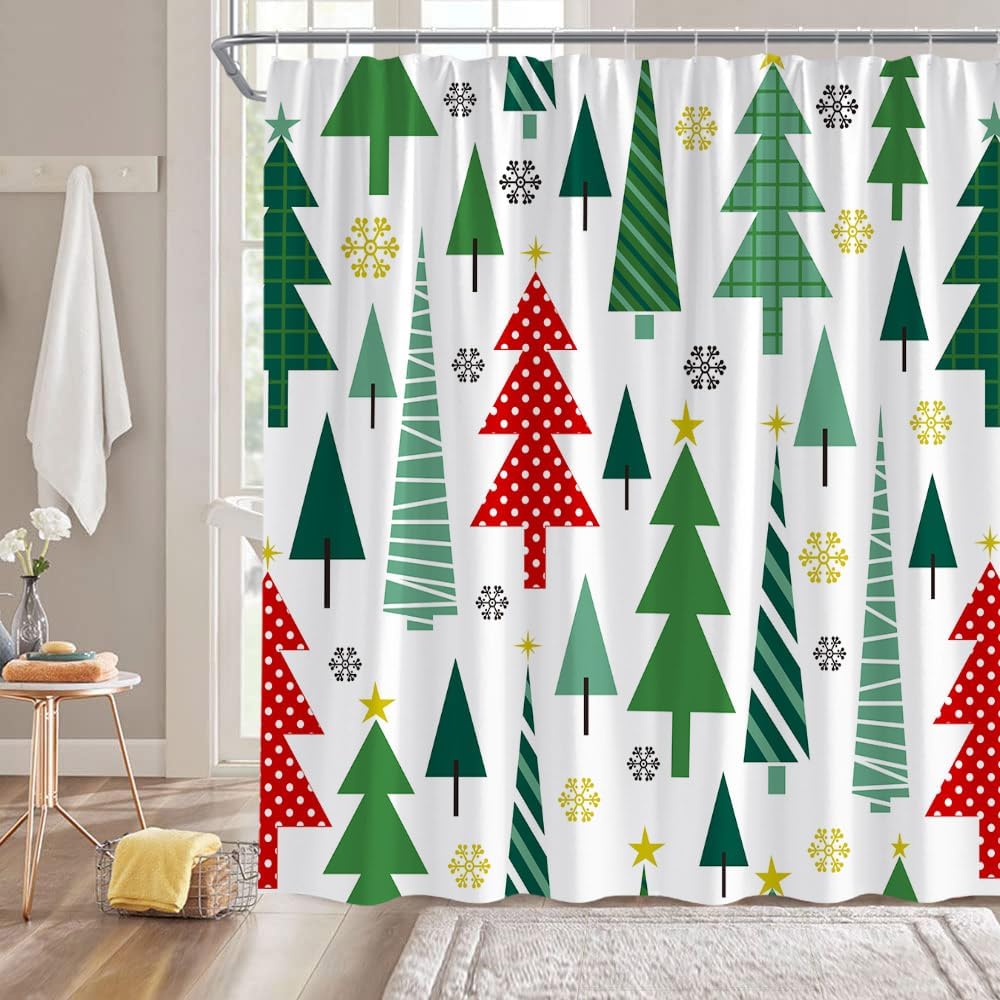 Christmas Tree Shower Curtain Red Green Retro Christmas Tree Snowflake
