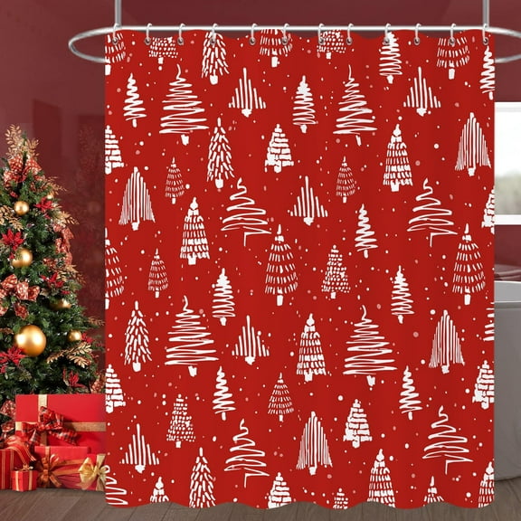 Christmas Tree Shower Curtain, Red Merry Xmas Tree Snowflake Winter New Year Holiday Bathroom Curtain Waterproof Fabric Machine Washable with Hooks, 36" Wx72 L