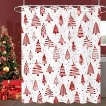 Christmas Tree Shower Curtain, Red and White Merry Xmas Tree Snowflake Winter New Year Holiday Bathroom Curtain Waterproof Fabric Machine Washable with Hooks, 84" Wx72 L
