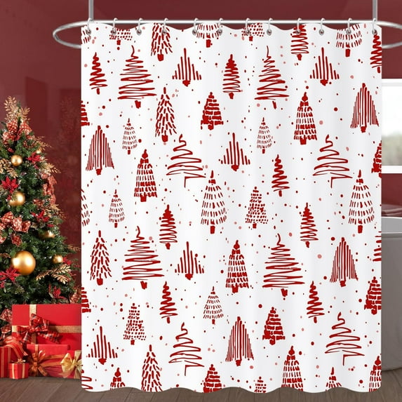 Christmas Tree Shower Curtain, Red and White Merry Xmas Tree Snowflake Winter New Year Holiday Bathroom Curtain Waterproof Fabric Machine Washable with Hooks, 84" Wx72 L