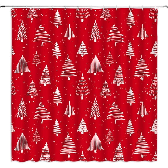 Christmas Tree Shower Curtain Red and White Xmas Pine Trees Snowflake Seamless Pattern Winter Holiday Happy New Year Festival Farmhouse Cartoon Decor Fabric Bath Curtain with Hook