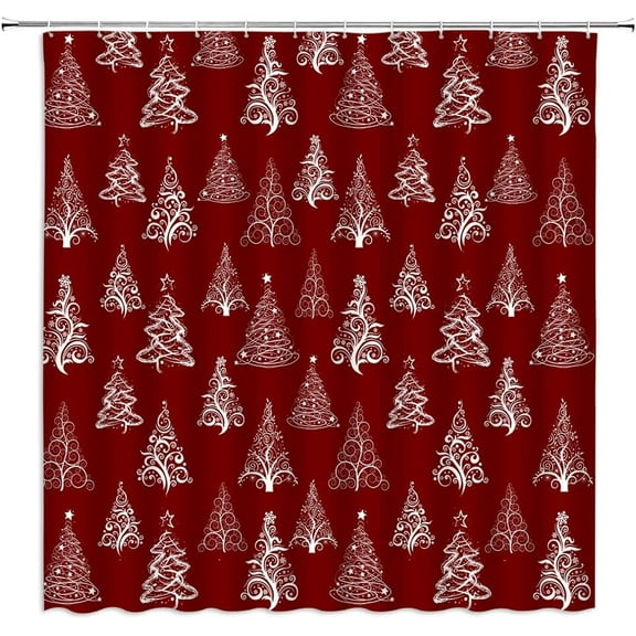 Christmas Tree Shower Curtain Red White Xmas Tree Cute Winter Holiday New Year Cartoon Modern Home Decor Bathroom Fabric Set with Hooks(70" WX70 H)