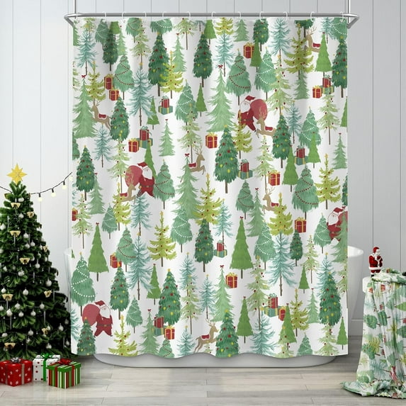 Christmas Tree Shower Curtain Santa Deer Holiday Shower Curtains for Bathroom, Vintage Red and Green Merry Christmas Fabric Cloth Bath Decor Set with 12 Hooks, 72x72 inch