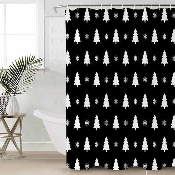 Christmas Tree Shower Curtain Set, Waterproof Shower Curtains for Bathroom, Black White Winter Xmas Snowflakes Washable Fabric Cloth Bath Curtain for Bathtub Decoration with Hooks 66x72 Inches