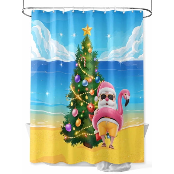 Christmas Tree Shower Curtain Set, Waterproof Shower Curtains for Bathroom, Summer Santa Claus Blue Beach Coastal Washable Fabric Cloth Bath Curtain for Bathtub Decoration with Hooks 48x72 Inches