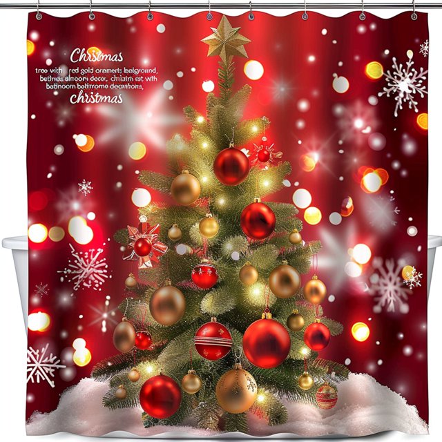 Christmas Tree Shower Curtain Set with Red and Gold Ornaments Festive