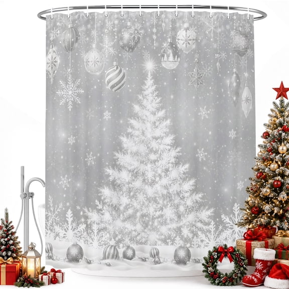 Christmas Tree Shower Curtain, Slate Silver Gray Sky Ornaments Snowflakes Bathroom Curtain with 12 Hooks Waterproof Fabric Xmas Shower Curtain for Bathroom, Bathtub, Spa Room, 72x72 Inch