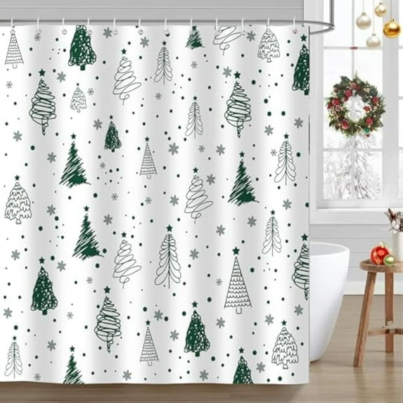 Christmas Tree Shower Curtain White and Green Pine Tree Bath Curtain Xmas Snowflake Holiday Shower Curtains for Bathroom Decor with Hooks 72x72 inch