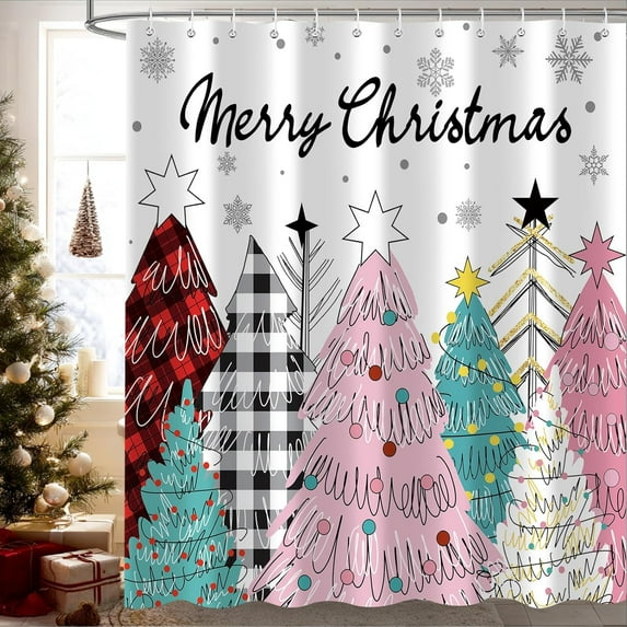 Christmas Tree Shower Curtain, Winter Colorful Cartoon Xmas Tree Cute New Year Hoilday Bath Curtain Decor, Waterproof Bathroom Accessory, Christmas Gift