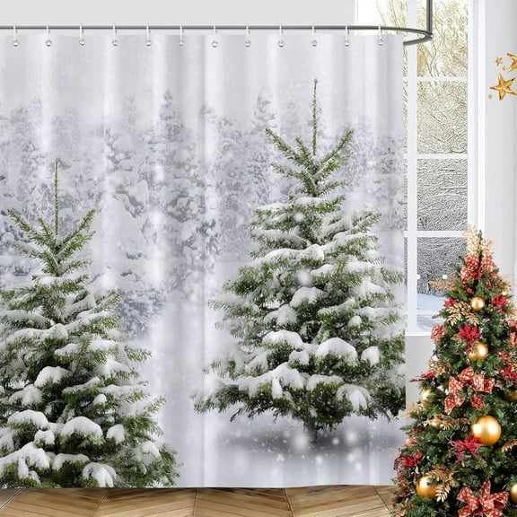 Christmas Tree Shower Curtain Winter Forest Pine Tree Snowflake Snowfall Natural Scene Bathroom Shower Curtains for Bathtub Decoration with Hooks 72x72 Inch