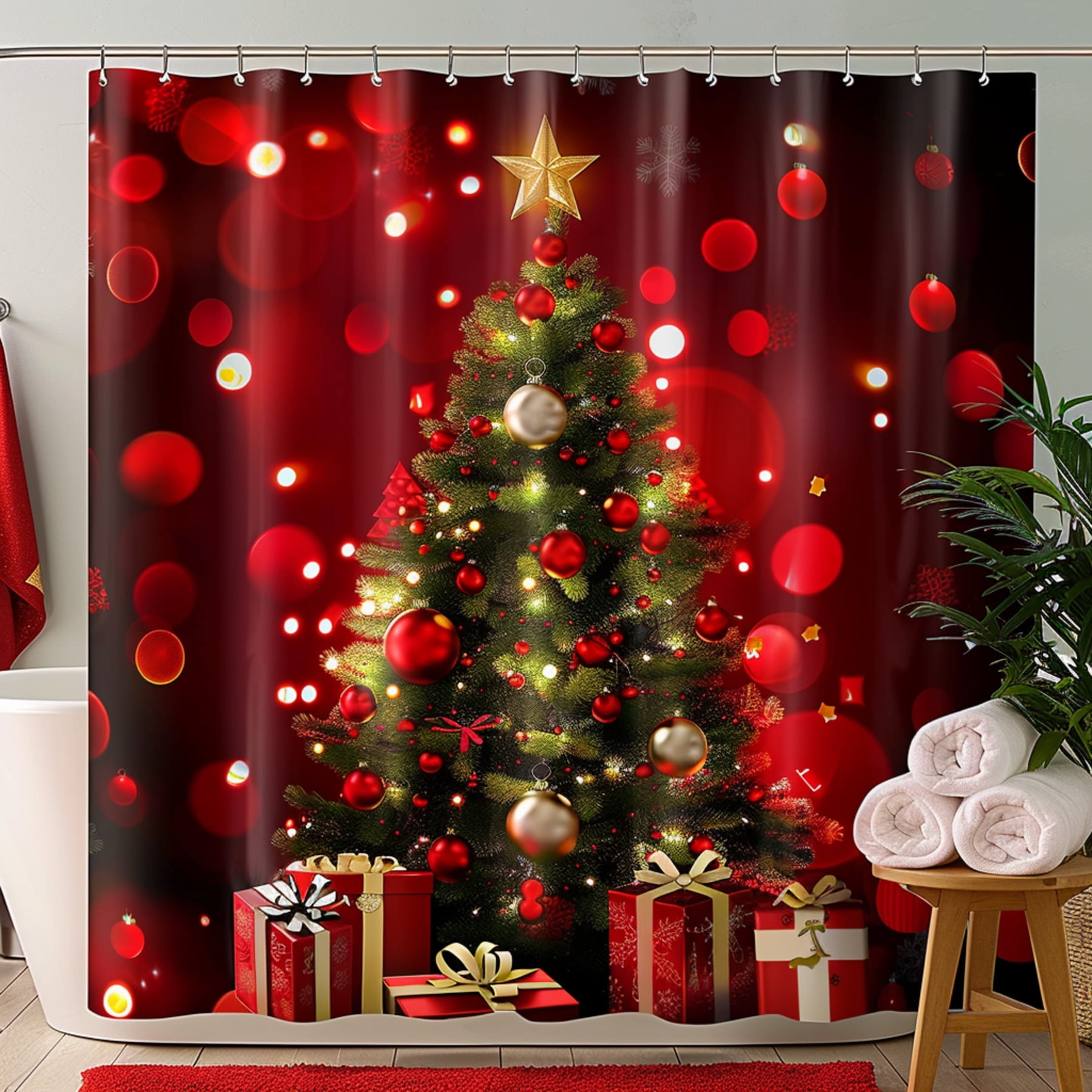Christmas Tree Shower Curtain with Gifts on Red Background Festive