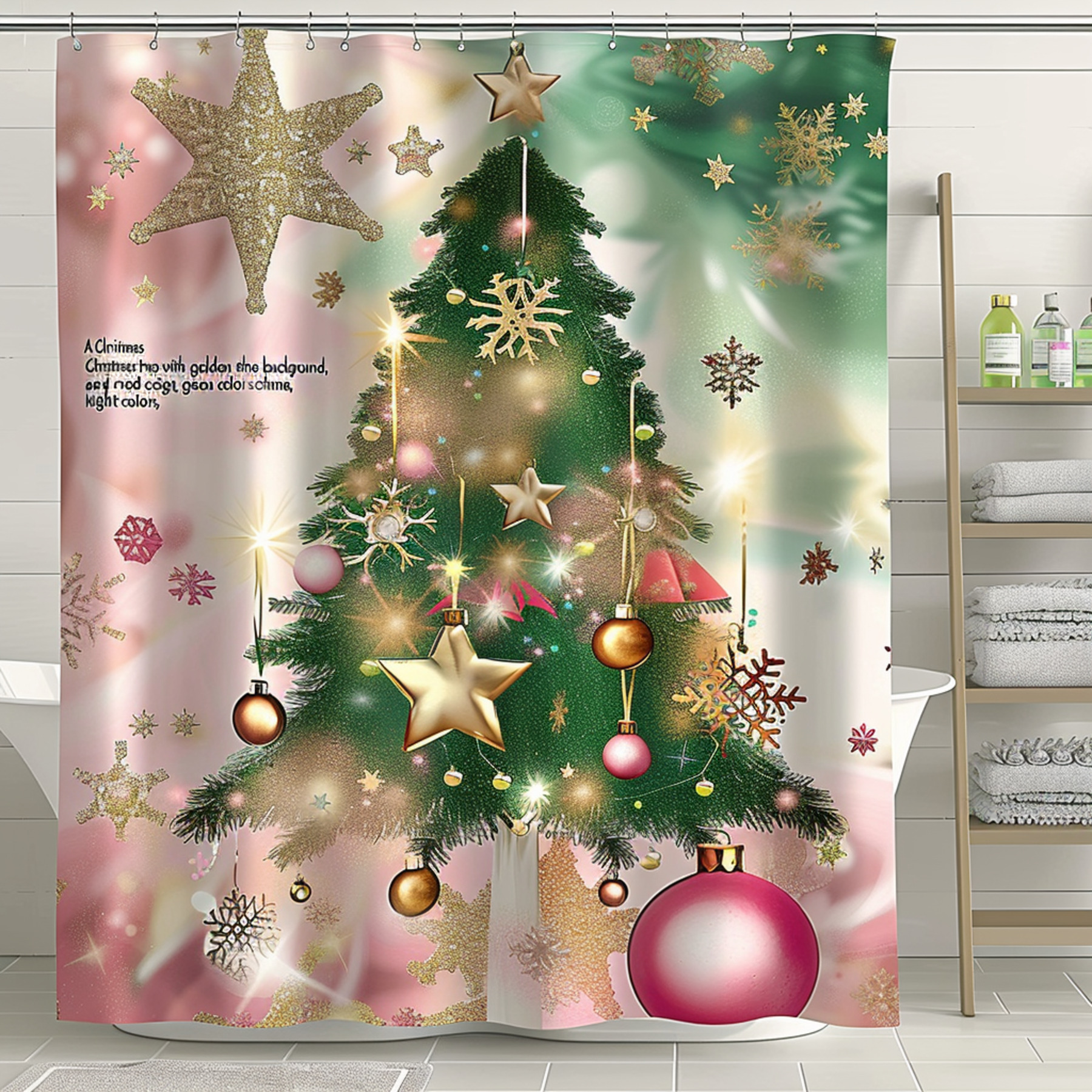 Christmas Tree Shower Curtain with Golden Stars and Pink Decorations
