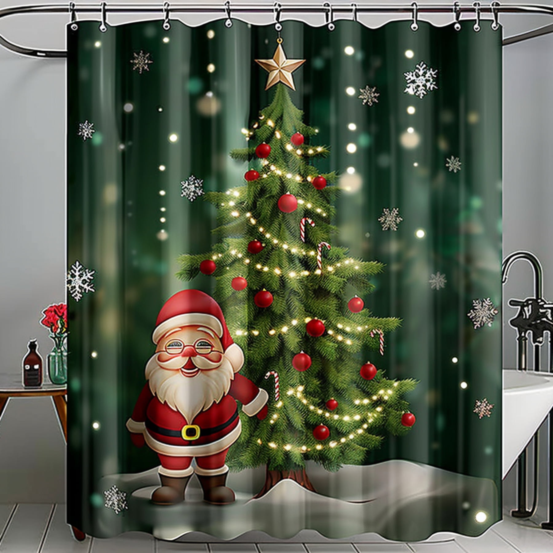 Christmas Tree Shower Curtain with Santa Claus Cartoon Style Kids