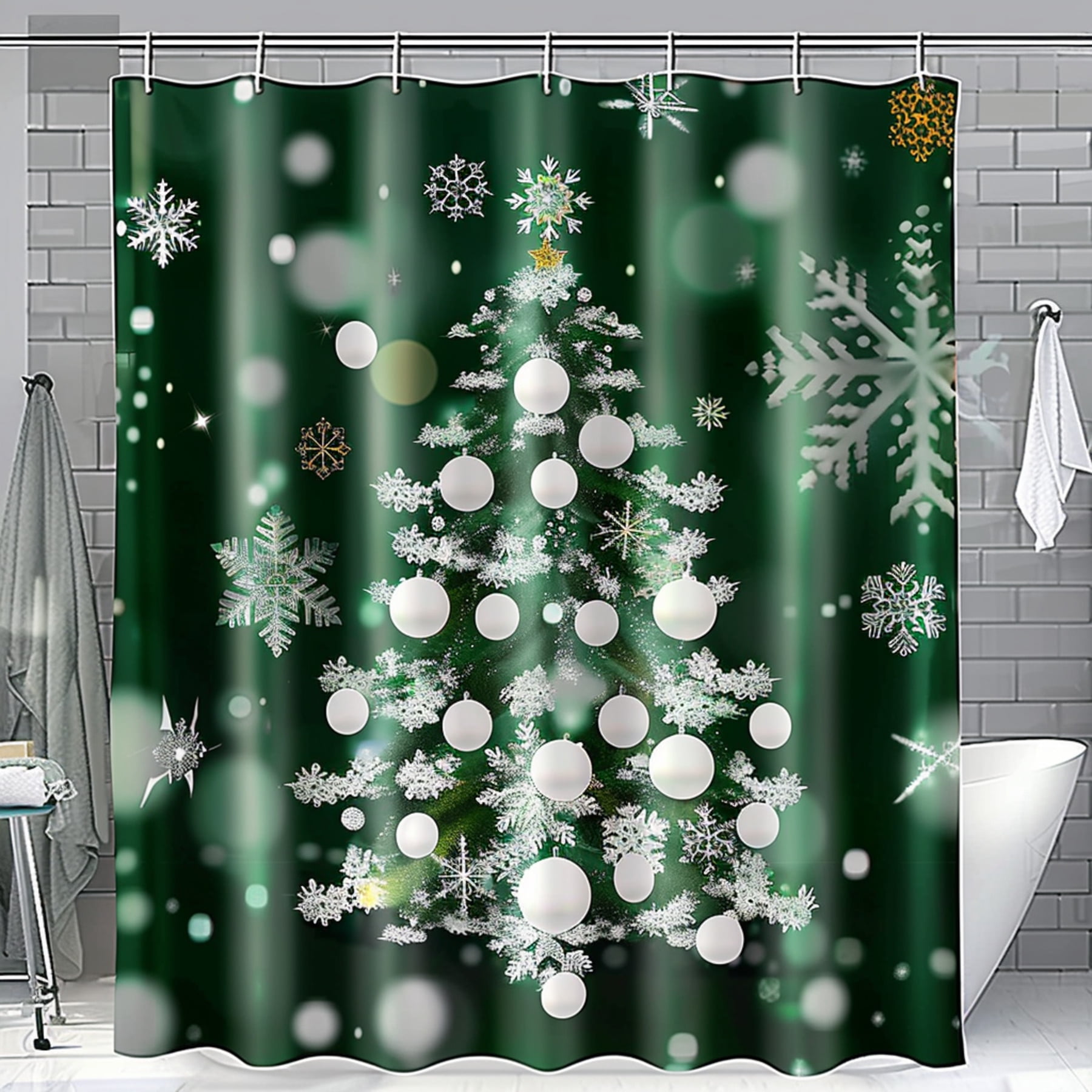 Christmas Tree Shower Curtain with Snowflakes and White Balls on Dark