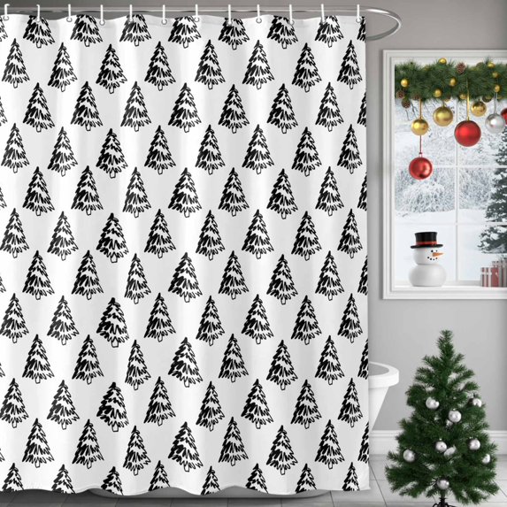 Christmas Tree Shower Curtains for Bathroom, Waterproof Fabric Bath Curtains Decor, Bath Tub Curtain Black Xmas Pine Trees Winter Farmhouse Decorative Shower Curtain Sets with 12 Hooks, 72x72 Inch