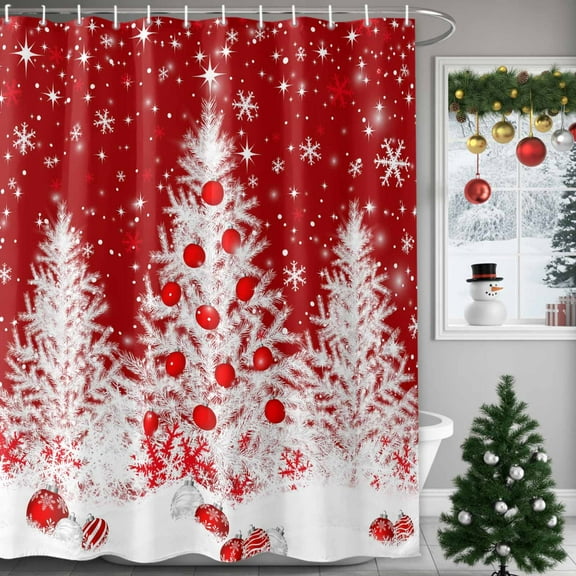Christmas Tree Shower Curtains for Bathroom, White Xmas Tree Winter Snowflakes Red Waterproof Fabric Shower Curtain for Bathroom Bathtub Decoration, Machine Washable, 36"x72"