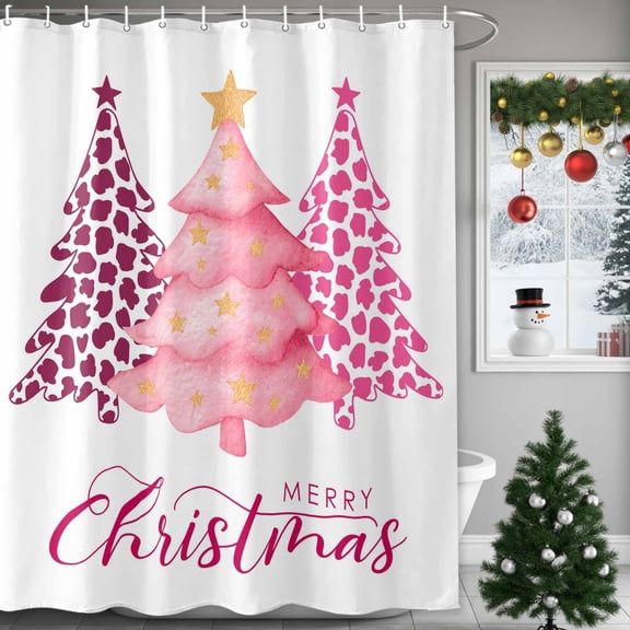 Christmas Tree Shower Curtains for Bathroom, Winter Pink Leopard Pine Trees Stars Xmas Waterproof Fabric Shower Curtain for Bathroom Bathtub Decoration, Machine Washable, 36"x72"