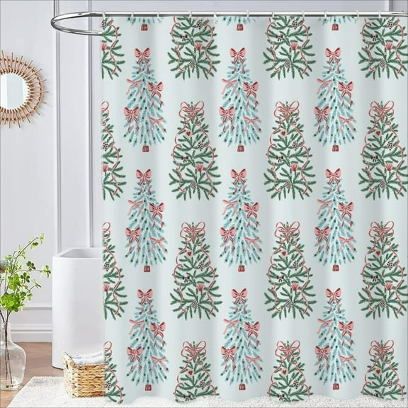 Christmas Tree Shower Curtains Holiday Decor Cute Ribbons Bows Xmas Tree Bathroom Curtains Fabric Shower Curtains Waterproof 60x72 Inches