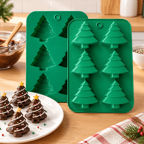 Christmas Tree Silicone Molds 2PCS for Soap Chocolate Candy Cake Cocoa Bomb Bath Bomb Ice Candle Food, 3D Xmas Themed Treat Baking & Freezing Tray BPA Free Food Grade Holiday Moulds