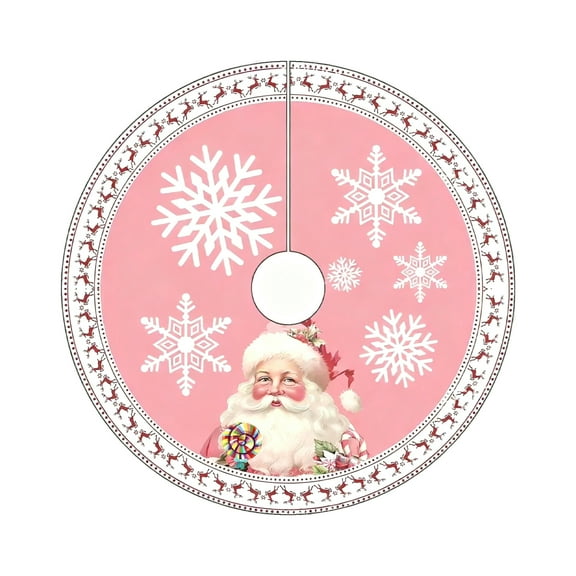 Christmas Tree Skirt, 23.62Inch Pink Plush Christmas Tree Skirts with Big Snowflake and Santa Printed for Holiday Party Rustic Xmas Tree Decoration