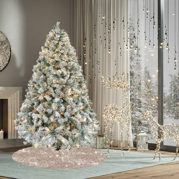 Christmas Tree Skirt 24 Inch with Sequin & Glitter Design, Vintage Style Holiday Decoration with Fabric Backing for Xmas Party, Home Festive Decor Pink