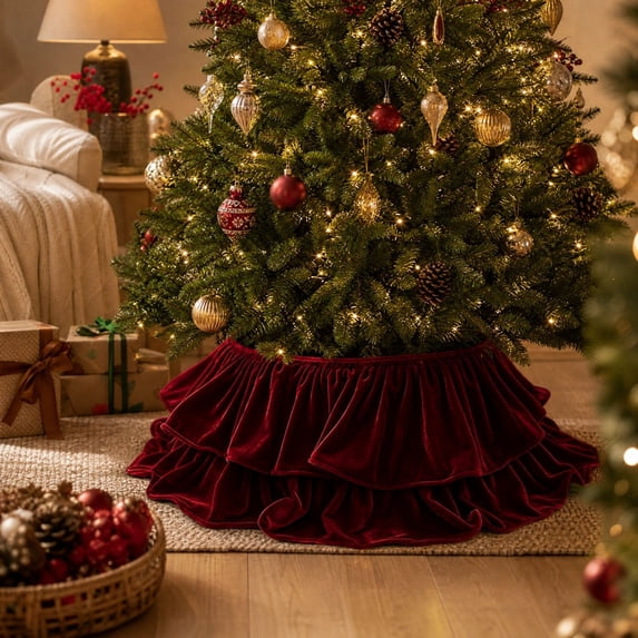 Christmas Tree Skirt 26.77in Burgundy Velvet-Look Double Ruffle Collar