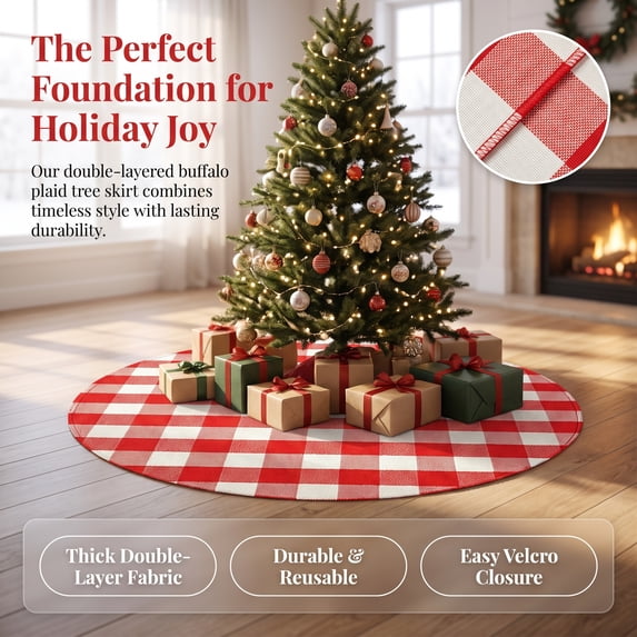 Christmas Tree Skirt 27.5in Round Plaid Checkered, Soft Durable Tree Mat for Christmas Tree Base Floor Decor Holiday Gift by MPOISVA